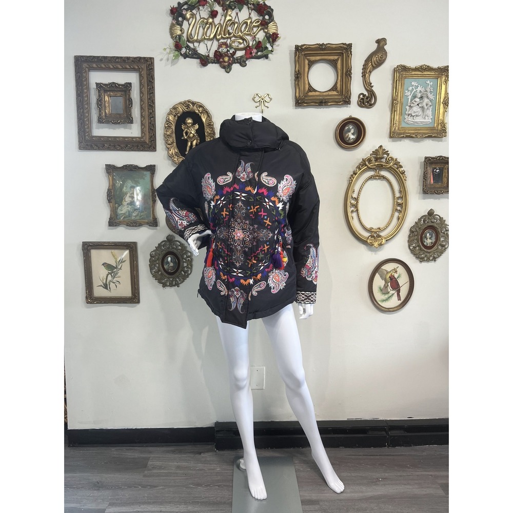 Desigual Black Mandala Paisley Puffer Jacket 38